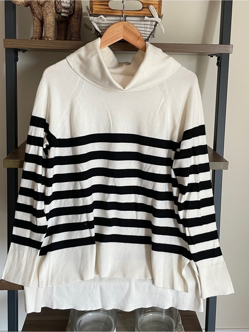 Cyrus Black and Lite Cream Striped Cowl Neck Sweater, XL